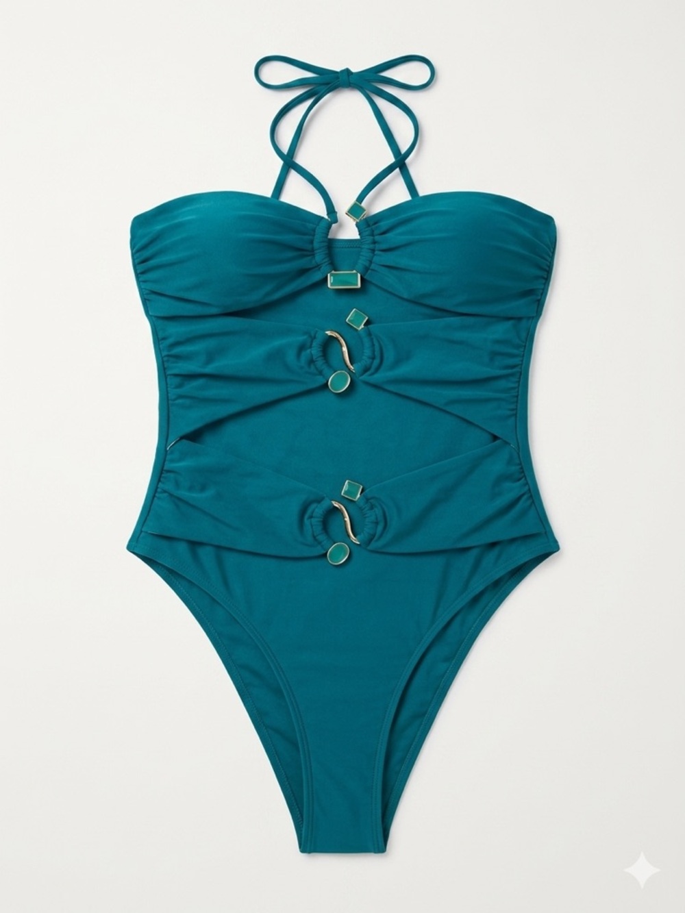 Teal One-Piece Halter Swimsuit with Ring Accents